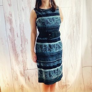 Vintage Biacci embroidered tank midi dress with wide belt blue tones size 8 NOS